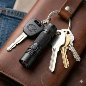 A compact and small powerful torch attached to a stainless steel keychain next to car keys for scale.