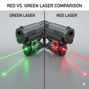 Side-by-side visual comparison between red and green beams to determine the best pistol laser for daylight visibility.