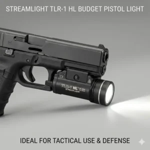 Close-up of a Streamlight TLR-1 HL mounted on a handgun, a top choice for the best budget pistol light.