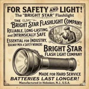 A vintage advertisement showcasing the early history and classic designs of the Bright Star Flashlight Company.
