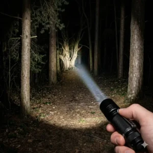 A powerful good aa flashlight illuminating a forest path at night to show beam distance.
