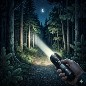 A long-range light beam from the best flashlight made in usa illuminating a dark forest path.
