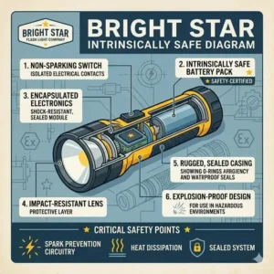 An illustrated diagram explaining the intrinsically safe features of a Bright Star Flashlight Company product for use in volatile locations.