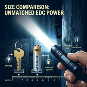 Technical diagram showing the wide flood and long-distance throw of a high-performance AAA LED flashlight.