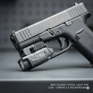 An Olight PL-Mini 2 on a compact handgun representing the best budget pistol light for concealed carry.