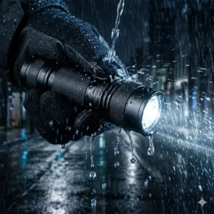 A rugged, small powerful torch being used in heavy rain, showcasing its IPX8 waterproof rating.