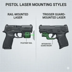 Diagram showing different rail and trigger guard mounting options to find the best pistol laser for your specific firearm.