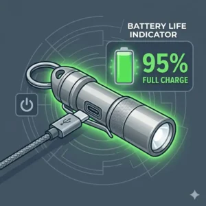 A digital illustration showing a good keychain flashlight being recharged via a USB-C cable with a green battery indicator.