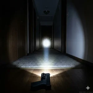 Nighttime beam shot and brightness performance of the best budget pistol light in a dark corridor.