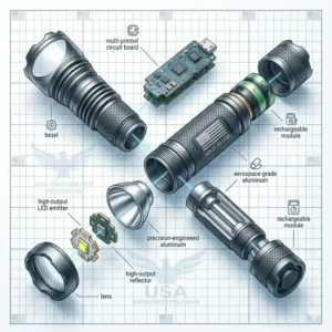 An exploded view showing the high-quality internal parts of the best flashlight made in usa.