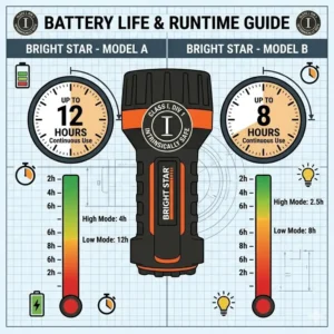 Infographic comparing the extended battery life and runtime of various Bright Star flashlight models.