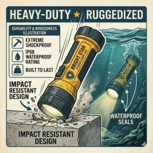 An illustration of a heavy-duty flashlight by Bright Star Flashlight Company demonstrating impact resistance and waterproof seals.