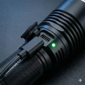 Close-up of a small powerful torch plugged into a USB-C charging cable with a green LED indicator.