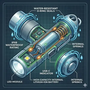 A technical cross-section illustration revealing the durable materials and waterproof O-ring seals of a good keychain flashlight.