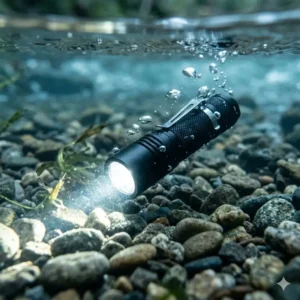 A durable good aa flashlight turned on while submerged in water to test its waterproof rating.