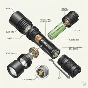 An exploded view showing the battery compartment of a good aa flashlight compatible with NiMH cells.