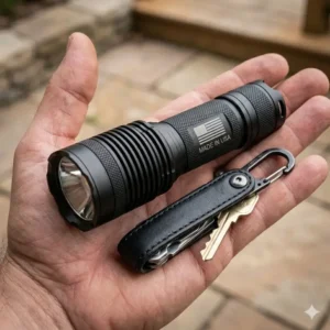 A hand holding the best flashlight made in usa next to keys to show its compact everyday carry size.