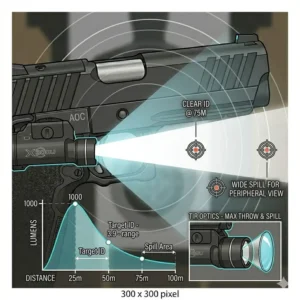 Technical diagram showing the lumen output and distance of the best light for springfield prodigy.