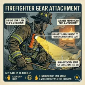 A high-visibility Bright Star Flashlight Company right-angle light attached to a firefighter’s turnout gear.