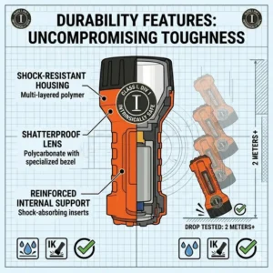Cutaway illustration showing the impact-resistant materials used in bright star flashlights.