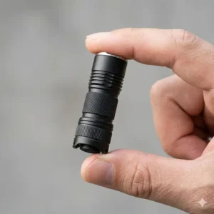 A small powerful torch held between a thumb and forefinger to demonstrate its pocket-sized dimensions.