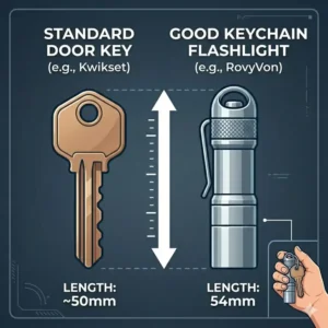 A scale drawing comparing a compact good keychain flashlight to a standard door key to demonstrate its portable size.