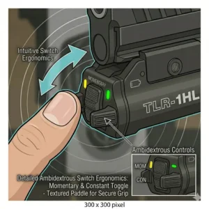 Detailed view of the ambidextrous switch controls on the best light for springfield prodigy.