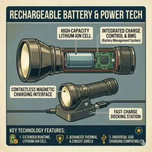 An illustration showing the rechargeable battery technology and charging dock from Bright Star Flashlight Company.