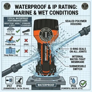 Illustration demonstrating the waterproof IP rating of Bright Star flashlights for marine and wet conditions.