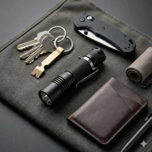 A tactical good aa flashlight integrated into a daily carry kit with a knife and wallet.