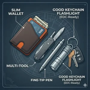 A flat-lay illustration of essential everyday carry gear, including a pocket knife, wallet, and a good keychain flashlight.