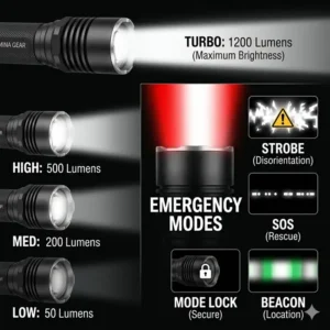 Infographic showing the different brightness levels and strobe modes of a versatile small powerful torch.