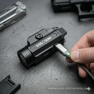The Holosun P.ID featuring USB-C charging, making it a modern and convenient best budget pistol light.