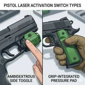 Visual guide to different switch types including grip pressure pads and side toggles found on the best pistol laser units.