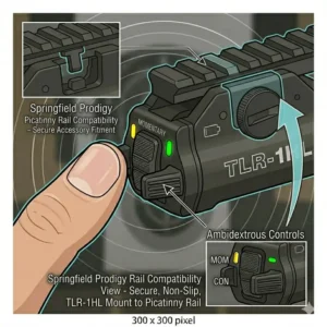 Underside view showing how the best light for springfield prodigy locks into the Picatinny rail.