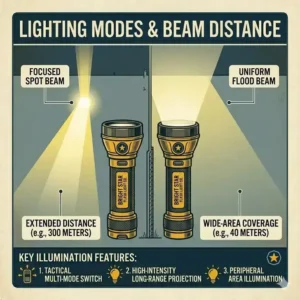 A comparison illustration of spot and flood beam patterns available on Bright Star Flashlight Company professional models.