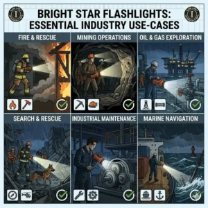 Graphic showing common industrial applications for Bright Star flashlights in mining and emergency services.