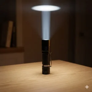 A professional good aa flashlight standing vertically on its tail cap for hands-free candle mode lighting.