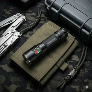 A matte black small powerful torch placed on tactical outdoor gear for camping and emergency preparedness.