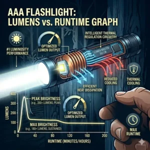 An illustration of a durable AAA flashlight submerged in water, highlighting its IPX8 waterproof rating for outdoor use.