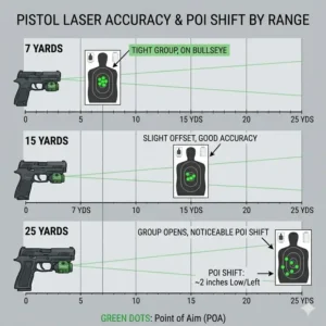 Performance chart mapping the accuracy and point-of-impact shift of the best pistol laser at various yardages.