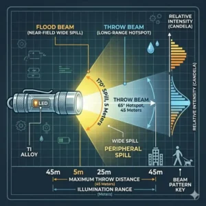 A technical diagram displaying the wide flood and long throw beam patterns of a high-performance good keychain flashlight.