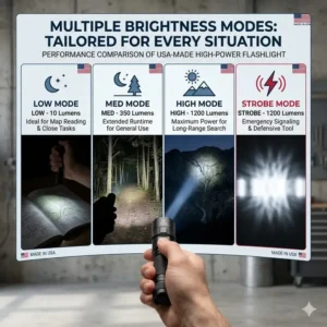 An infographic detailing the various lumen output settings and strobe modes of the best flashlight made in usa.