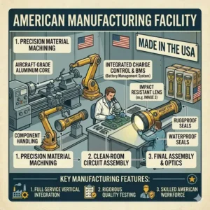 An illustration representing the American-made manufacturing process at the Bright Star Flashlight Company facility.