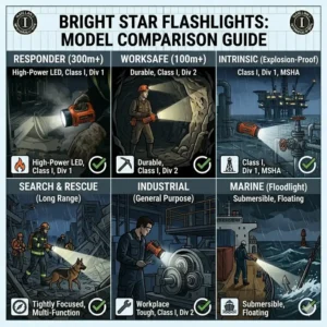 Side-by-side comparison guide of different Bright Star flashlight models and their specific features.