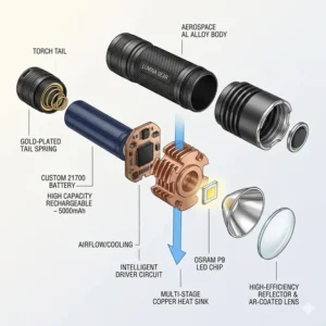 An exploded view illustration of the LED chip and heat sink inside a high-performance small powerful torch.