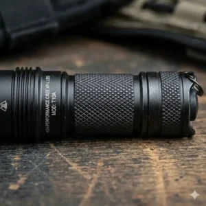 Close-up detail of the aircraft-grade aluminum body and knurling on a good aa flashlight for better grip.