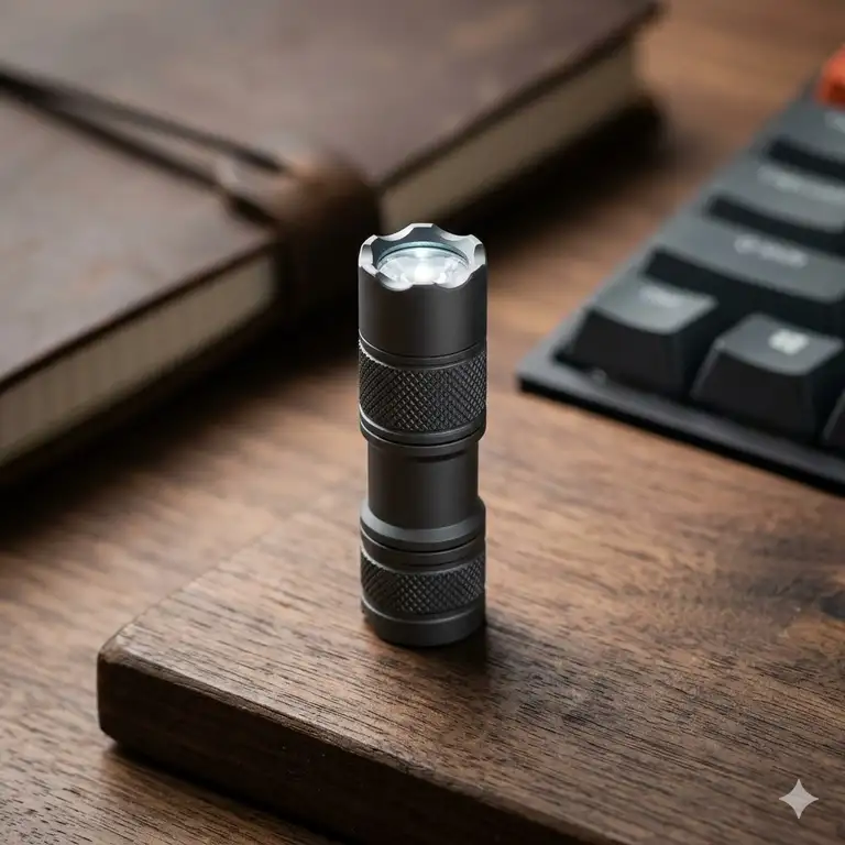 A professional product shot of the smallest most powerful flashlight standing on a wooden desk with a bright beam.