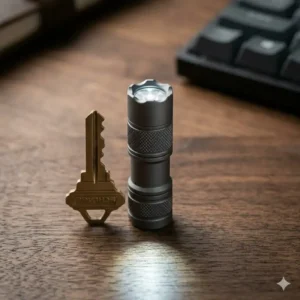 The smallest most powerful flashlight placed next to a house key to demonstrate its micro-compact scale.