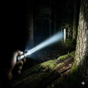 Testing the long-range beam distance of the smallest most powerful flashlight in a dark forest environment.